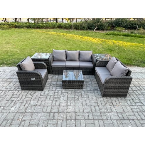 Fimous Rattan Garden Furniture 6 Piece Patio Set With Table Sofa Square Coffee Table Reclining Chair Loveseat sofa 2 Side Tables