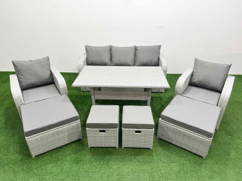 Fimous PE Rattan Lounge Sofa Set 9 Seater Outdoor Garden Furniture Set with Dining Table 3 Seater Sofa 2 Big Footstools Light Grey