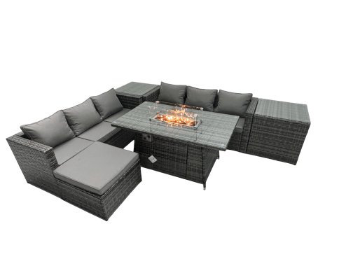 Fimous Rattan Garden Furniture Firepit Dining Set 7 Seater Lounge Sofa Table Set with 2 Side Tables Footstool