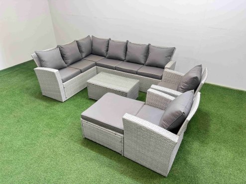Fimous 9 Seater Garden Outdoor PE Rattan Furniture Set Rattan Garden Sofa Set with Big Footstool 2 Chair Light Grey Mixed