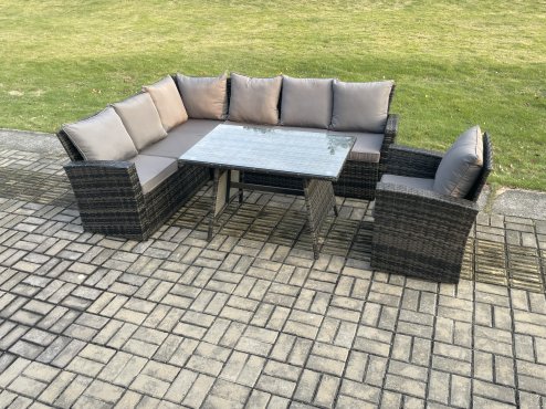 Fimous High Back Outdoor Garden Furniture Set Rattan Corner Sofa Dining Table Set With Armchair 7 Seater Dark Grey Mixed