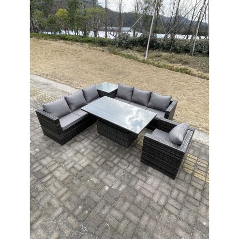 Fimous 7 Seater PE Rattan Corner Sofa Set Garden Furniture Rising Adjustable Dining Table Set High Side Coffee Table With Arm Chair