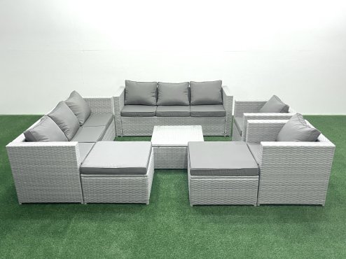 Fimous Outdoor Rattan Sofa Garden Furniture Set with 2 Armchairs Square Coffee Table 2 Big Footstools Light Grey Mixed