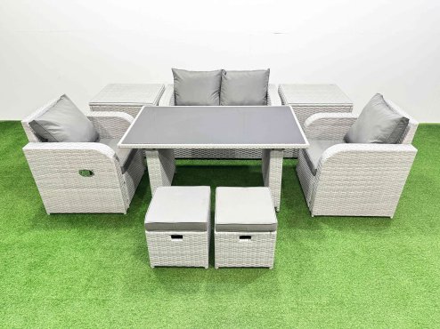 Fimous Outdoor Rattan Garden Furniture Dining Set 6-seater Patio Rectangular Table Love Sofa Reclining Chair Set with 2 Side Tables 2 Small Stools