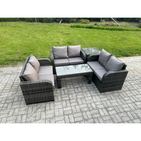 Fimous Rattan Garden Furniture Set 6 Seater Indoor Outdoor Patio Sofa Set with Coffee Table Loveseat Sofa Side Table Dark Grey Mixed