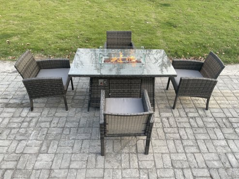 Fimous Outdoor Rattan Garden Furniture Set Gas Fire Pit Rectangular Table Sets Gas Heater with 4 Seater Dining Cahirs Dark Grey Mixed