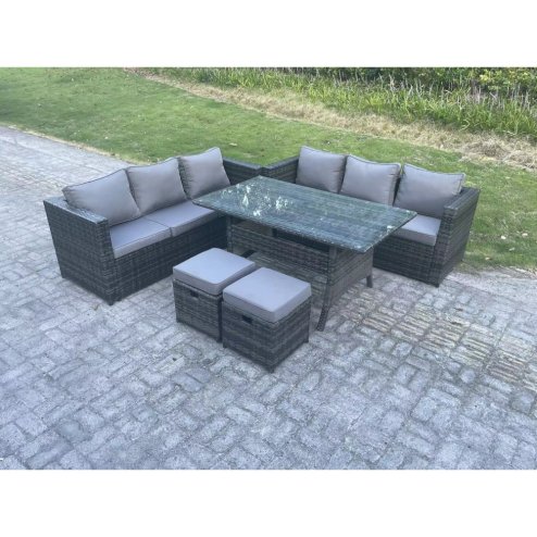 Fimous PE Wicker Outdoor Garden Furniture Set Patio Rattan Rectangular Dining Table Lounge Sofa with 2 Small Footstool 8 Seater Dark Grey Mixed