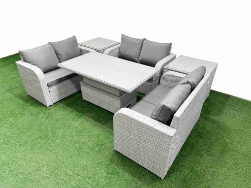 Fimous 6 Seater PE Wicker Rattan Furniture Sofa Sets with Adjustable Lifting Dining or Coffee Table 2 Seater Love Sofa 2 Side Table Light Grey