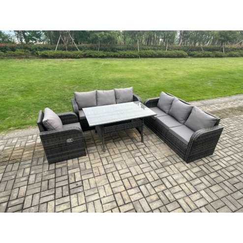 Fimous 7 Seater Lounge Rattan Sofa Set Outdoor Garden Furniture Oblong Rectangular Dining Table With Adjustable Chair Dark Grey Mixed