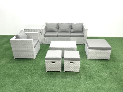 Fimous 7 Pieces Rattan Garden Furniture Set Outdoor Garden Sofa Chair Coffee Table Set with Side Table 3 Footstools Light Grey Mixed