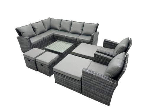 Fimous 12 Seat Poly Rattan Outdoor Patio Coffee Table Corner Sofa Set with 4 Stool 2 Chairs for Garden Backyard Dark Grey Mixed