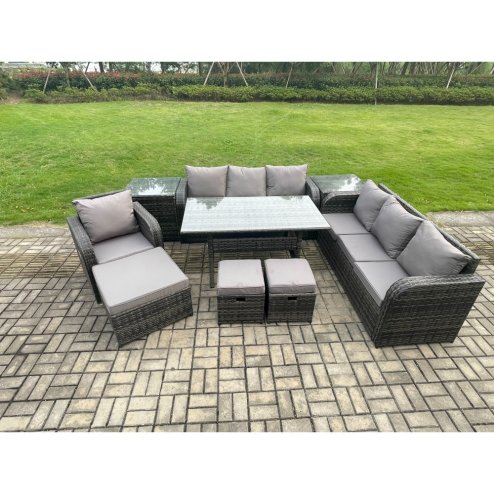 Fimous 10 Seater Outdoor Rattan Garden Furniture Set Oblong Rectangular Dining Table and Chairs Set with 3 Seater Sofa 3PC Footstools 2 Side Tables Dark Grey Mixed