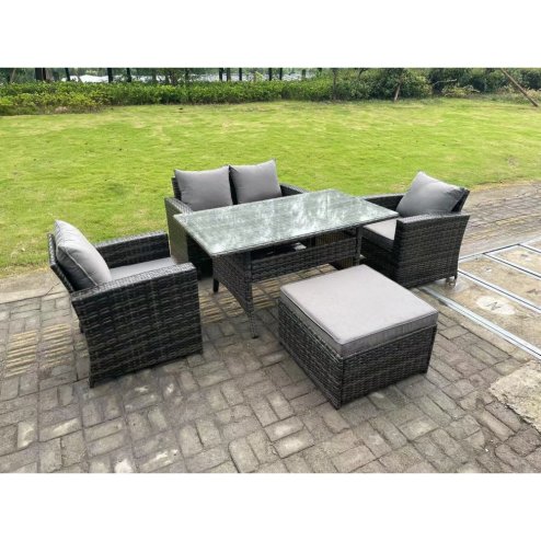 Fimous 5 Seater Outdoor Dark Grey Mixed High Back Rattan Sofa Dining Table Set Love Seat Garden Furniture Big Footstool