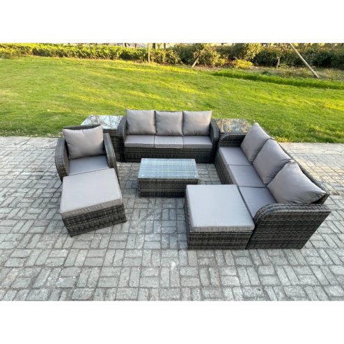 Fimous 9 Seater Rattan Lounge Sofa Set Outdoor Garden Furniture Set with Rectangular Coffee Table 3 Seater Sofa 2 Big Footstool 2 Side Tables Dark Grey Mixed