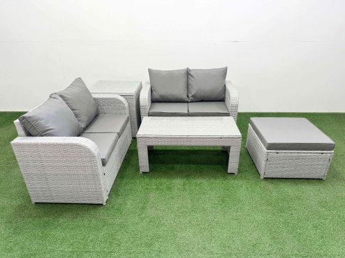 Fimous 5 Seater Outdoor Love Sofa Set Rattan Garden Furniture Set with Oblong Coffee Table Big Footstool Side Table Light Grey