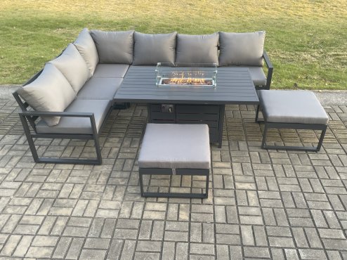 Fimous Aluminium Patio Outdoor Garden Furniture Corner Sofa Set Gas Fire Pit Dining Table with 2 Big Footstools Dark Grey