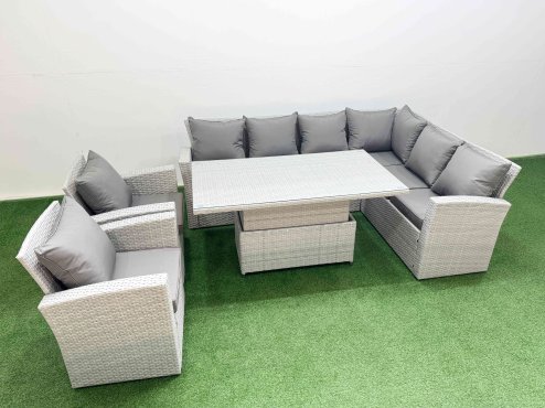 Fimous 8 Seat Rattan Garden Furniture Corner Sofa Set Outdoor Adjustable Lifting Dining or Coffee Table Set with 2 Armchairs Light Grey