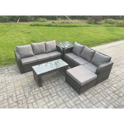 Fimous Outdoor Lounge Sofa Set Rattan Garden Furniture Set with Rectangular Coffee Table Big Footstool 3 Seater Sofa Side Table Dark Grey Mixed
