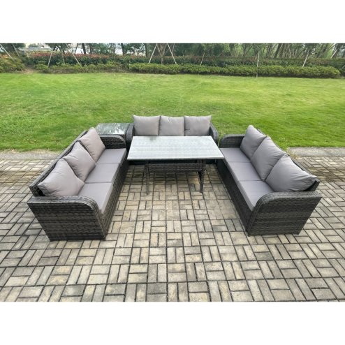 Fimous Rattan Garden Furniture Set with Oblong Rectangular Dining Table Side Table 9 Seater Outdoor Lounge Sofa Set Dark Grey Mixed
