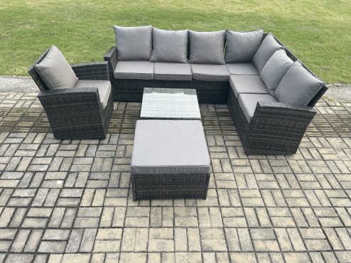 Fimous 8 Seat Rattan Garden Furniture Corner Sofa Set Outdoor Patio Sofa Chair Table Set with Big Footstool Dark Grey Mixed