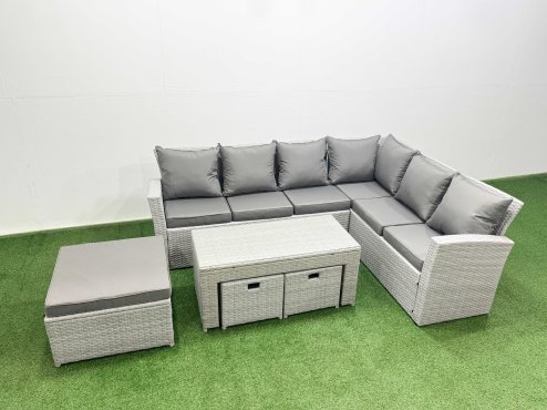 Fimous 9 Seater Garden Outdoor Rattan Furniture Set Rattan Corner Sofa Oblong Coffee Table Set with 3 Footstools Light Grey Mixed