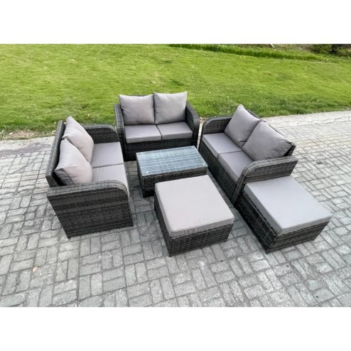 Fimous 8 Seater Garden Furniture Set Rattan Outdoor Lounge Sofa Chair With Tempered Glass Table 2 Big Footstool Dark Grey Mixed