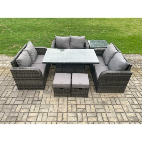 Fimous Rattan Garden Outdoor Furniture 3 PC Love Sofa Set Patio Adjustable Rising lifting Dining Table With Side Table 2 Small Footstools