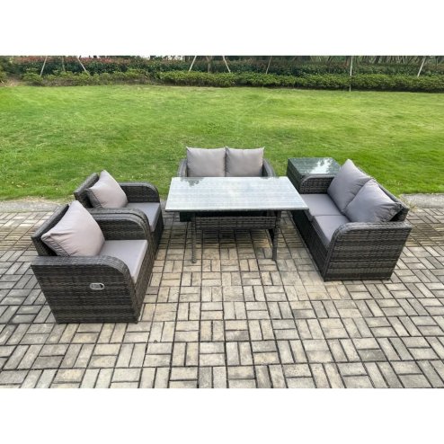 Fimous Rattan Outdoor Furniture Garden Dining Set Rectangular Table and Chair Sofa Set With Side Table Dark Grey Mixed