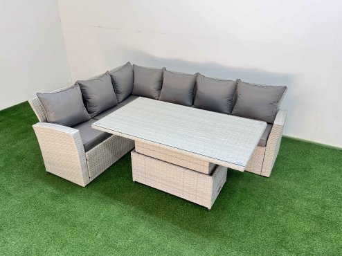Fimous 6 Seat Rattan Outdoor Garden Furniture Corner Sofa Set Adjustable Lifting Dining or Coffee Table Set Light Grey