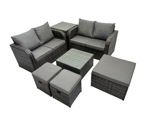 Fimous Rattan Garden Outdoor Furniture Set Love Sofa Square Coffee Table Set with Side Table 3 Stools Dark Grey Mixed