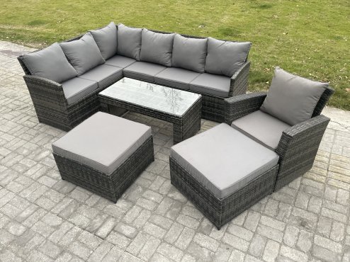 Fimous Rattan Garden Furniture Sets High Back Corner Sofa Oblong Coffee Table Set with 2 Big Footstool Armchair Dark Grey Mixed