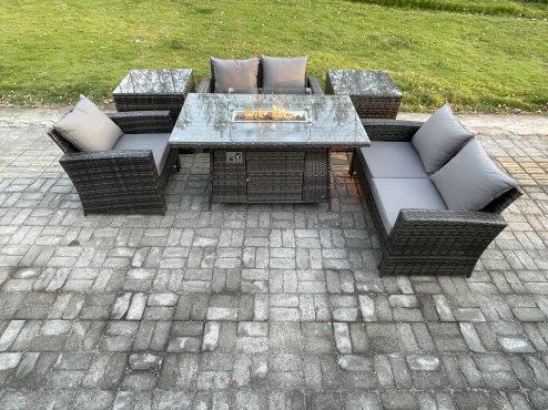 Fimous Rattan Outdoor Garden Furniture Gas Fire Pit Table Sets Gas Heater with Love Sofa Armchair 2 Side Tables 5 Seater Dark Mixed Grey