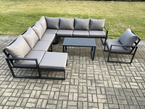Fimous Aluminium Patio Outdoor Garden Furniture Lounge Corner Sofa Set with Oblong Coffee Table Big Footstool Chair Dark Grey