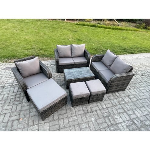 Fimous High Back Rattan Garden Furniture Set with Loveseat Sofa Rectangular Coffee Table 3 Footstools Indoor Outdoor Patio Lounge Sofa Set Dark Grey Mixed
