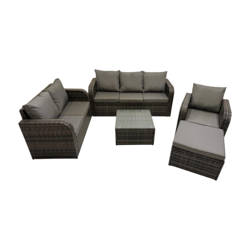 Fimous 3 Seater Sofa Reclining Chair Coffee Table Set Rattan Garden Outdoor Furniture Set with Big Stool Dark Grey Mixed