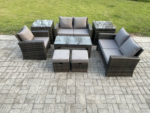 Fimous 7 Seater Outdoor Rattan Patio Furniture Set Garden Lounge Sofa Set with 2 Side Tables 2 Small Footstools Coffee Table Dark Grey Mixed