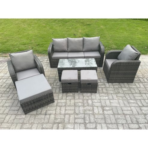 Fimous 8 Seater Rattan Garden Furniture Set with Rectangular Coffee Table 3 Footstools Patio Outdoor Rattan Set
