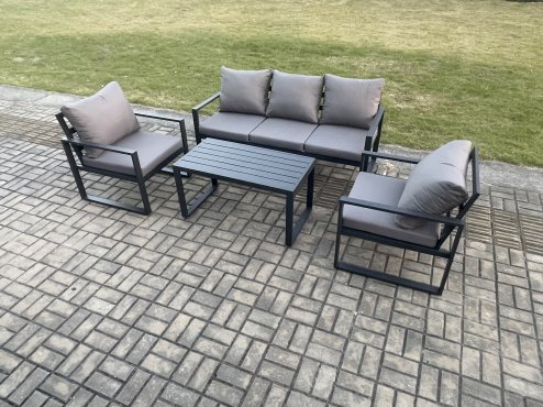 Fimous Aluminium Outdoor Garden Furniture Set Patio Lounge Sofa with Oblong Coffee Table 2 Armchairs Set Dark Grey