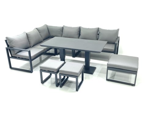 Fimous Aluminum Outdoor Garden Furniture Set Corner Sofa 3 Footstools Adjustable Rising Lifting Dining Table Sets Dark Grey