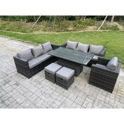 Fimous Wicker PE Garden Furniture Rattan Sofa Set Outdoor Adjustable Rising Lifting Dining Table Set with Armchair 2 Stools 9 Seater Dark Grey Mixed