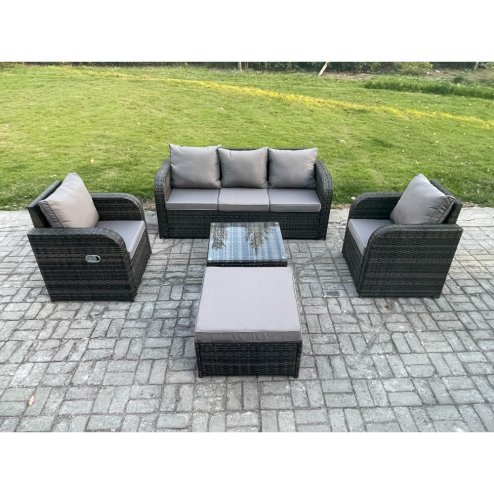 Fimous Garden Furniture Sets 6 Seater Wicker Rattan Furniture Patio Sofa Sets with Reclining Chair 3 Seater Sofa Big Footstool Dark Grey Mixed