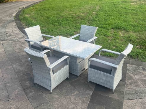 Fimous Light Grey Rattan Outdoor Garden furniture Set Height Adjustable Rising Lifting Table and 4 Chairs Set with Seat Cushion