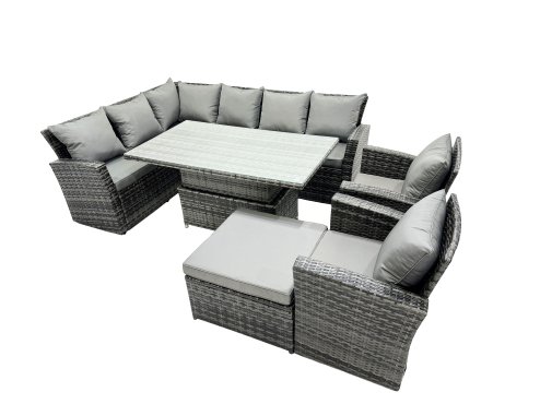 Fimous Poly Rattan Outdoor Patio Height Adjustable Rising Lifting Table Corner Sofa Set with Big Stool,2 Chairs for Garden Backyard Dark Grey Mixed