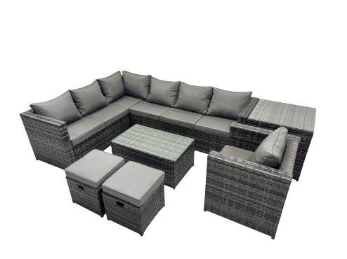 Fimous Outdoor Rattan Rectangular Coffee Table Corner Sofa Sets Garden Furniture Set with Side Table 2 Small Stools Dark Grey Mixed