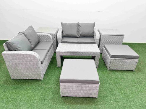 Fimous 6 Seater Outdoor Love Sofa Set Rattan Garden Furniture Set with Oblong Coffee Table 2 Footstool 2 Side Tables Light Grey