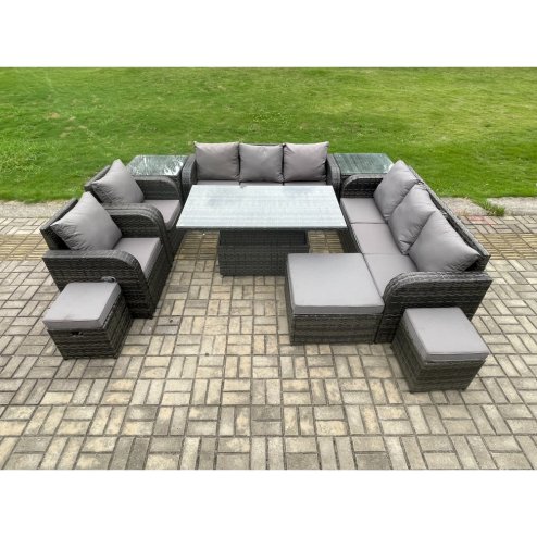 Fimous 11 Seater Rattan Outdoor Garden Furniture Sets Height Adjustable Rising lifting DiningTable Sofa Set with Reclining Chair 2 Side Tables 3 Footstools Dark Grey Mixed