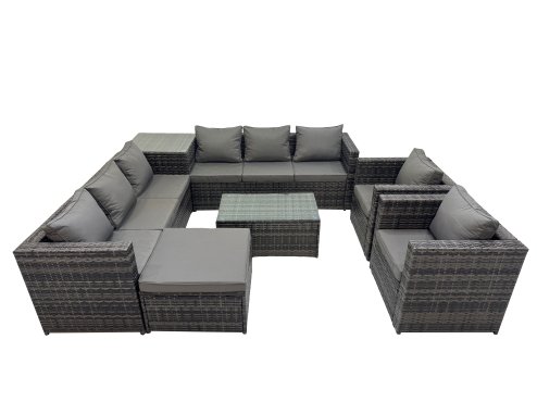 Fimous 9 Seater Garden Outdoor Rattan Furniture Set Patio Corner Sofa Rectangular Coffee Table with Big Stool Side Table Dark Grey