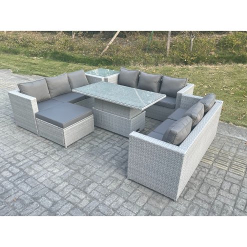 Fimous Lounge Rattan Garden Furniture Set Adjustable Rising Lifting Table Dining Set With Side Coffee Tea Table Footstool