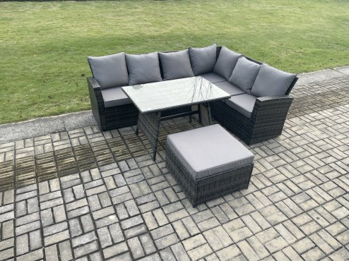 Fimous High Back Outdoor Garden Furniture Set Rattan Corner Sofa Dining Table Set With Big Footstool 7 Seater Dark Grey Mixed