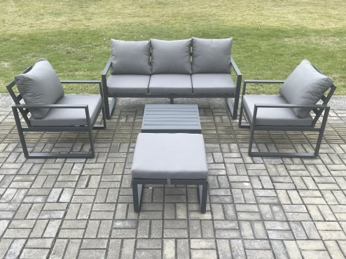Fimous Aluminium Outdoor Garden Furniture Set Lounge Sofa 2 PC Chairs Square Coffee Table Sets with Big Footstool Dark Grey